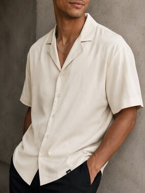 Capelle Cream Camp Collar Short Sleeve Button Up Shirt, Size XXL